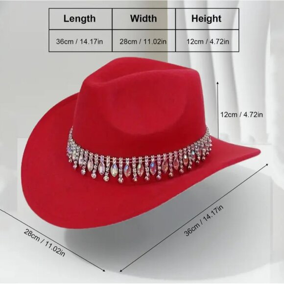 Red Rhinestone Cowgirl Hat Western Felt Rodeo Fedora with Bling Crystal Band - Picture 2 of 3
